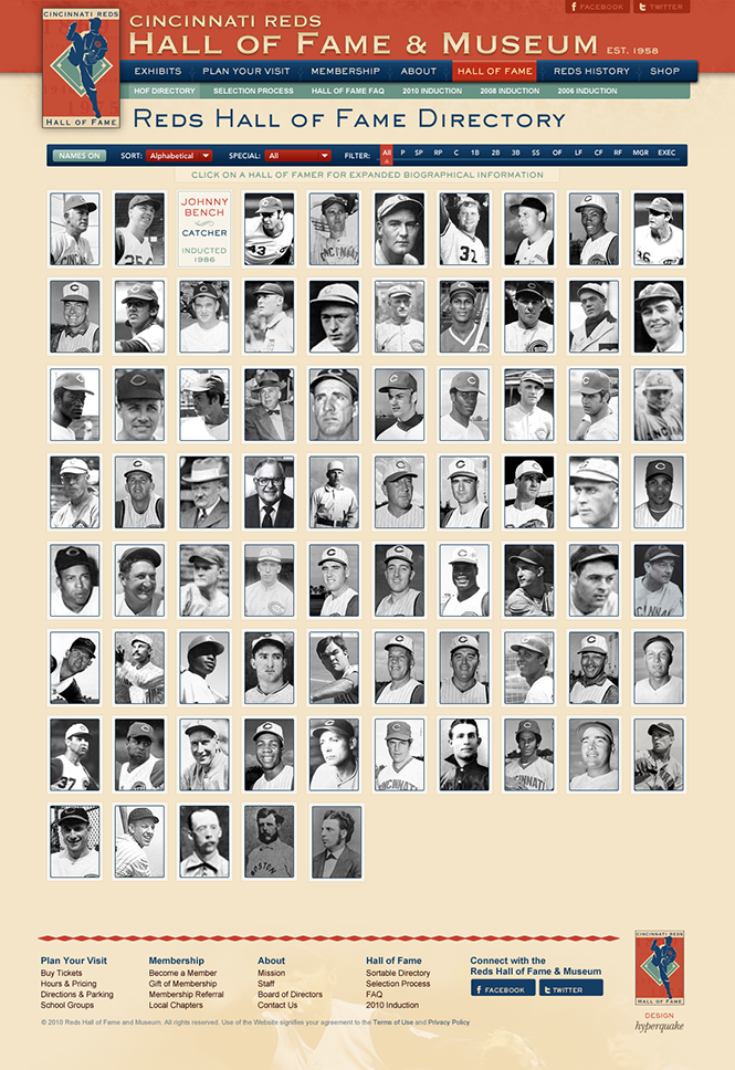 Reds Hall of Fame & Museum Website HOF Directory Screen